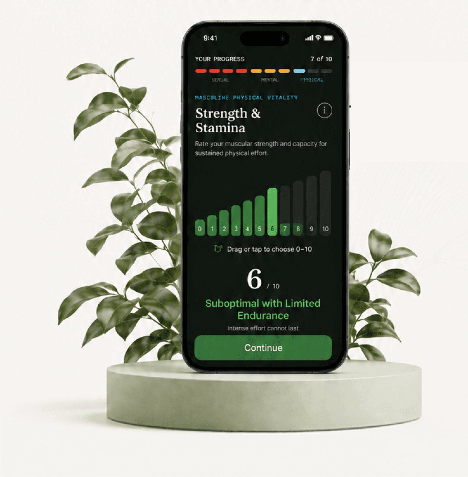 The T-SHOTS app open on a Vitality Score self-assessment screen, on a plant-flanked podium