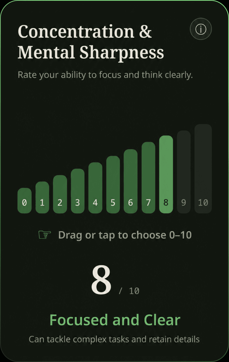 Vitality Score self-assessment screen rating a component from 0 to 10